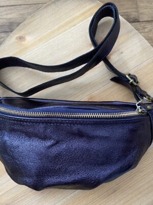 Sac banane, bleu nuit brillant, en cuir de vachetteF9000-14